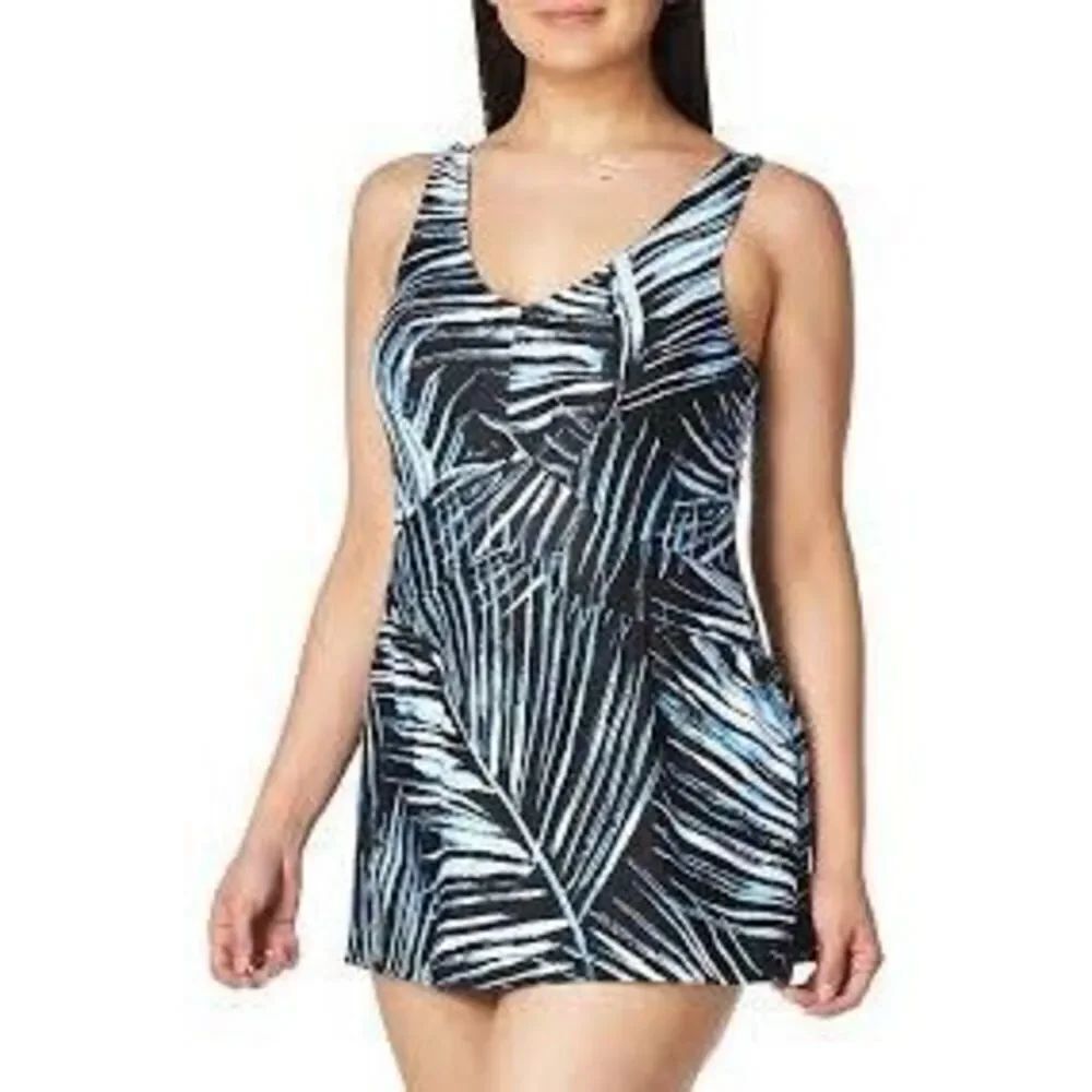 Maxine Of Hollywood Size 14 One Piece Swim Dress Black Blue Tropical Palm Leaf